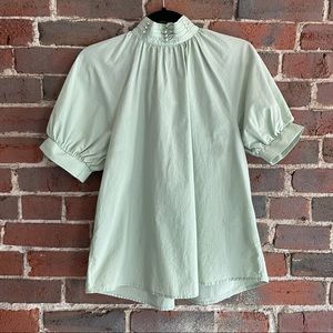 Zara mint balloon sleeve mock neck with pearls